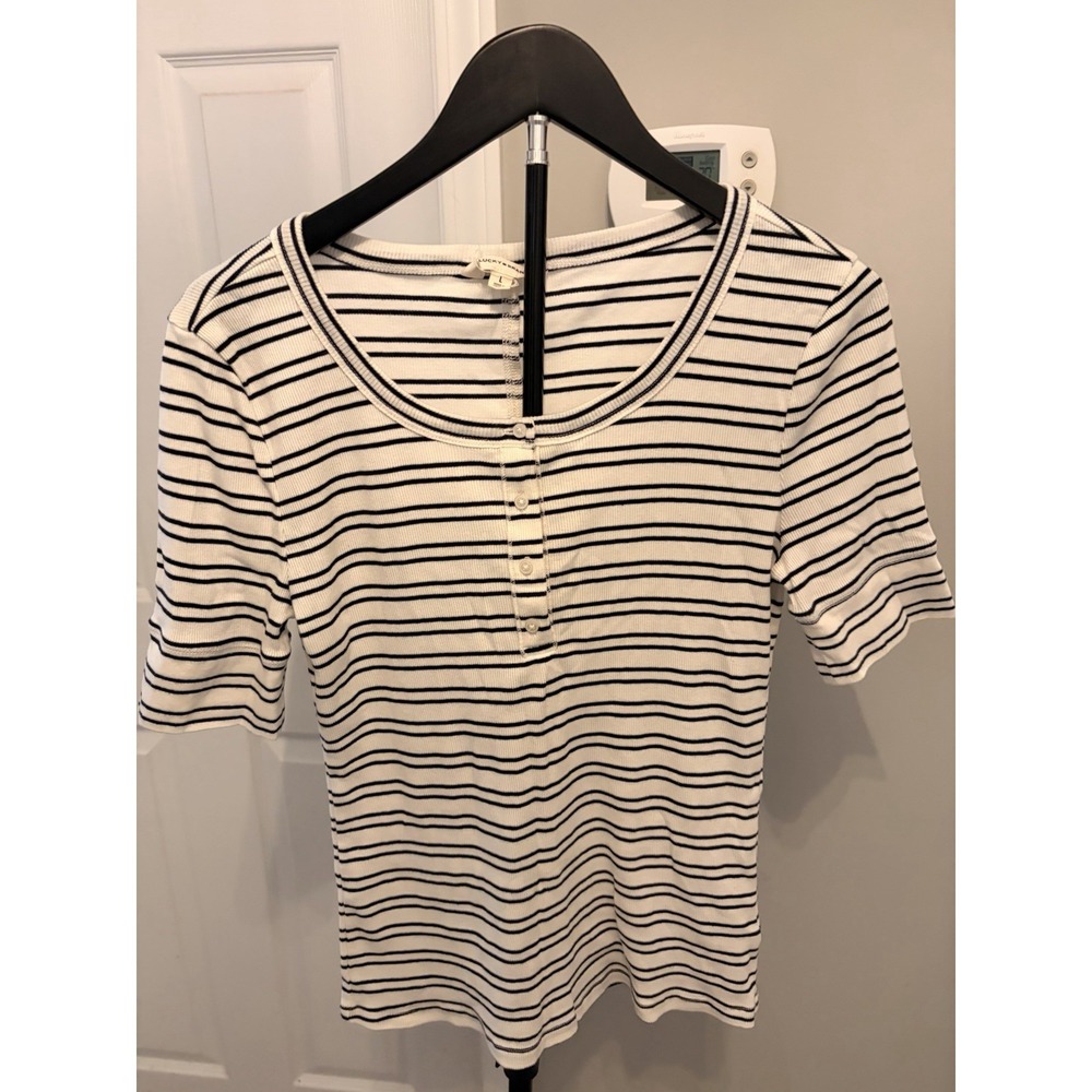 Lucky Brand Cream Black Striped Ribbed Henley Short Sleeve T Shirt Knit Preppy L